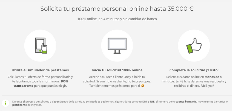 Proceso de solicitud del Préstamo Personal Oney.