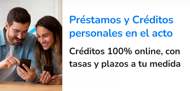 Pareja en celular, con la frase "Préstamos y Créditos personales en el acto" al lado.