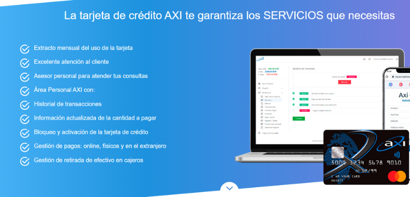 Servicios y características de la tarjeta de crédito Axi.